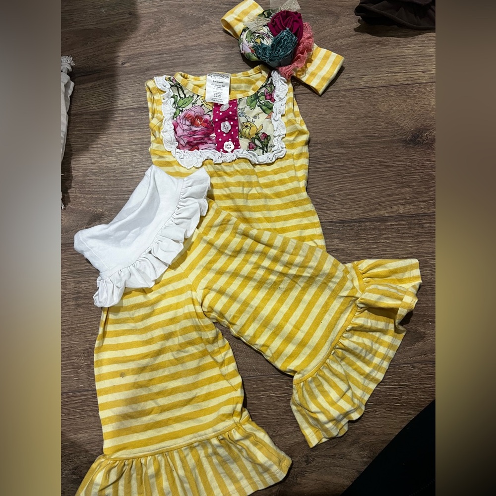 Persnickety Yellow Striped Romper with Floral Detail